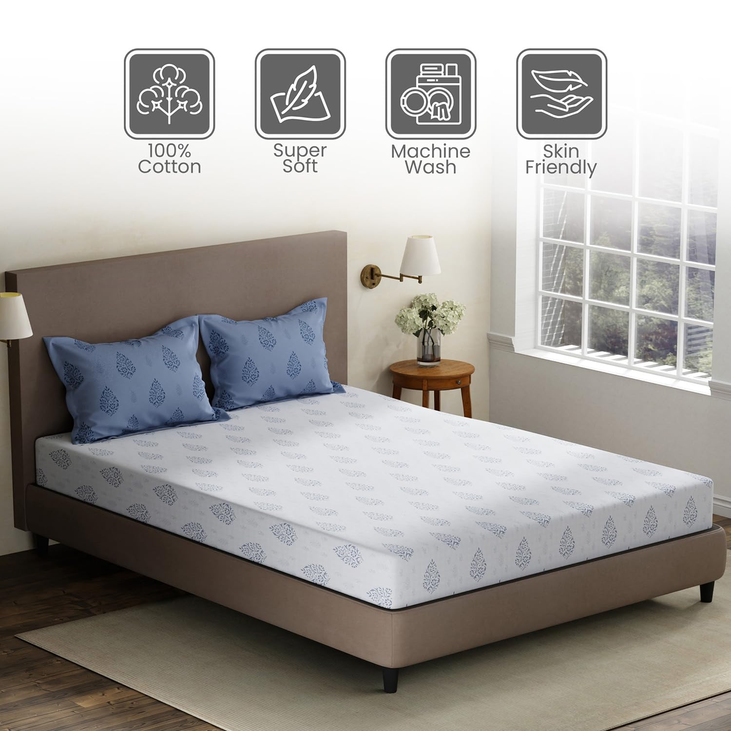 Blue Floral King Size Bedsheet Set - 100% Cotton -2 Blue Floral King Size Bedsheet Set - 100% Cotton -2