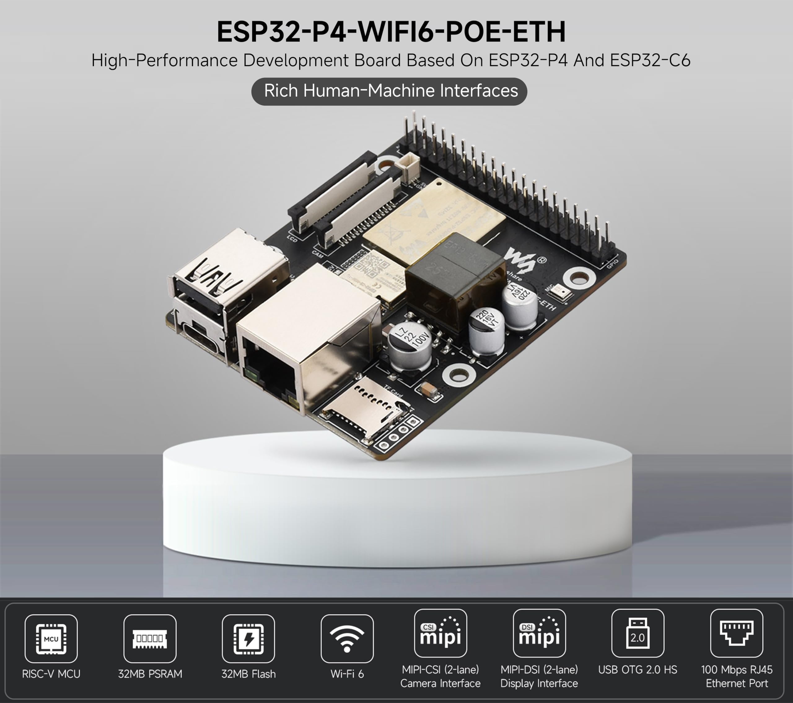 ESP32-P4-WIFI6-POE-ETH Development Board, Based on ESP32-P4 and ESP32-C6, Supports Wi-Fi 6 and Bluetooth 5 (LE), with PoE Module for PoE Power Supply, with 10.1inch Screen, Camera, Speaker (16 Items)