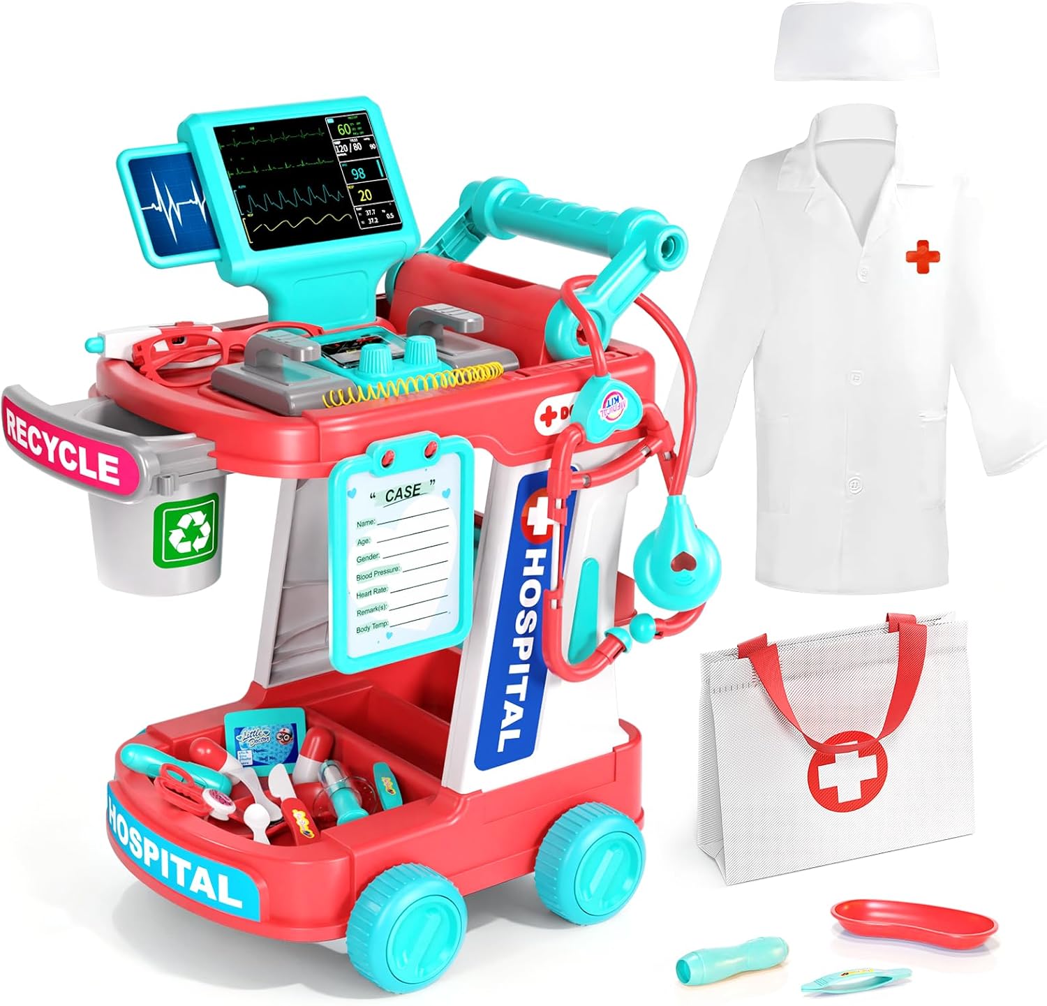 Doctor Kit for Kids, Pretend Doctor Playset for Toddlers with Cart, Costume and Stethoscope, Role Play Medical Toy for Girls Boys Toddlers 3-8 Birthday Gifts (Pink)