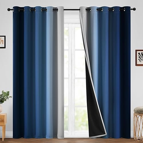 Yakamok Cortinas 100% opacas de 84 pulgadas de largo, cortinas azules para oscurecer la habitación, cortinas degradadas con aislamiento térmico para