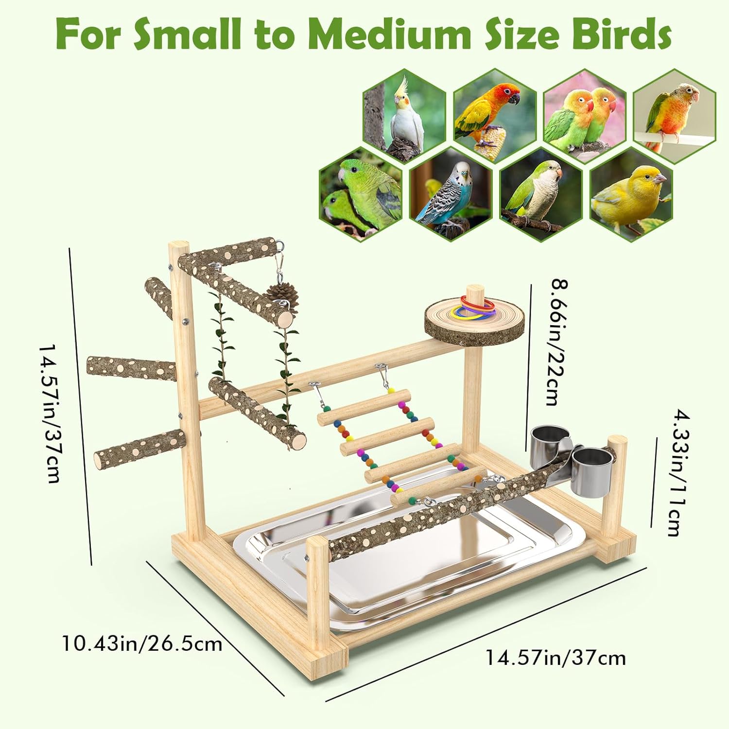 Bird Playground, Parrot Playstand Cockatiel Playground, Bird Play Stand with Feeder Cups, Swings, Ladder and Removable Tray, Parrot Perch Stand for Parakeet Conure Lovebird Budgie