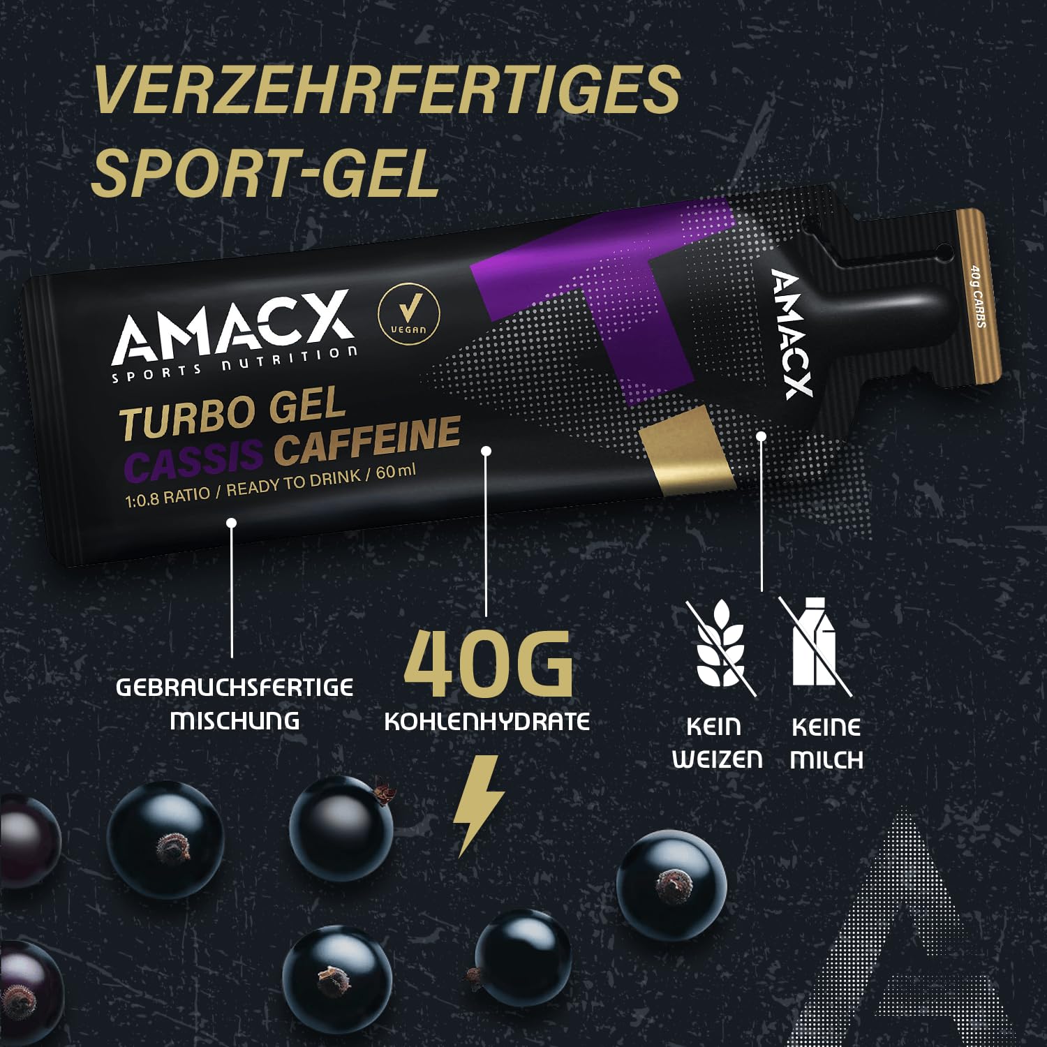 AMACX Turbo Energy Gel per Atleti di Resistenza con Caffeina e 40g di Carboidrati – Confezione da 12 – Gel Energetico Ciclismo y Running – Carbogel con Sali Minerali Integratori – Cassis/Caffeina