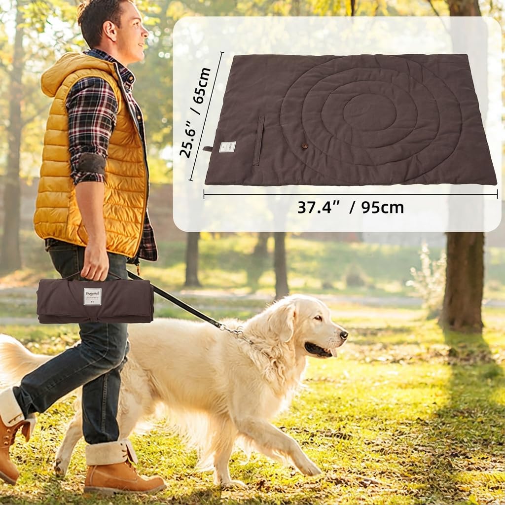 Large Waterproof Outdoor Dog Bed (57"x39"), Portable & Washable Travel Pet Mat for Camping, Foldable Non-Slip Car Seat & Crate Liner for Large Medium Dogs, Includes Carry Bag (Brown)