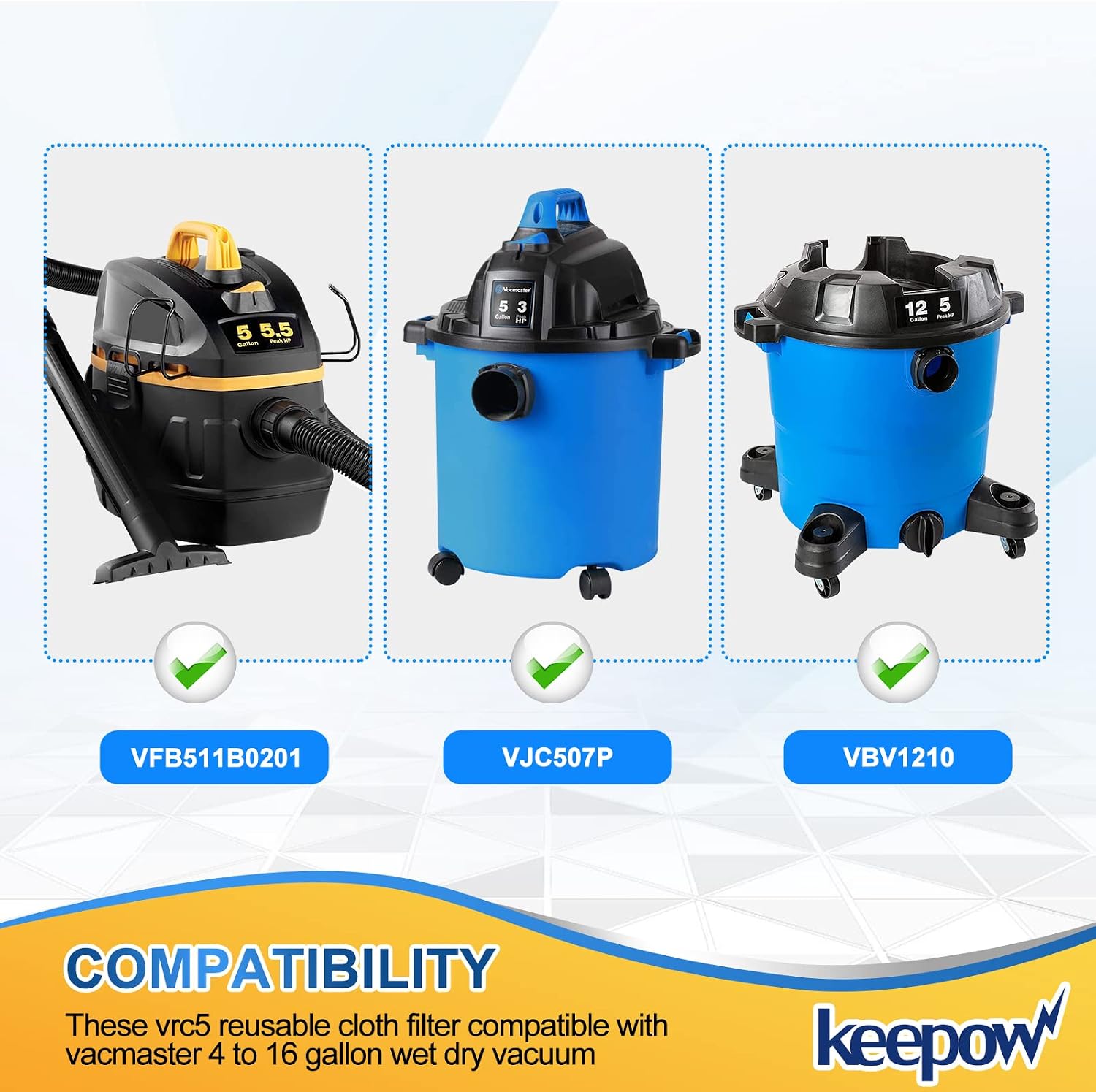 KEEPOW VRC5 Cloth Filter Bags for Vacmaster 4 to 16 Gallon Wet/Dry Vacuums VBV1210 VJC507P, 6 Pack