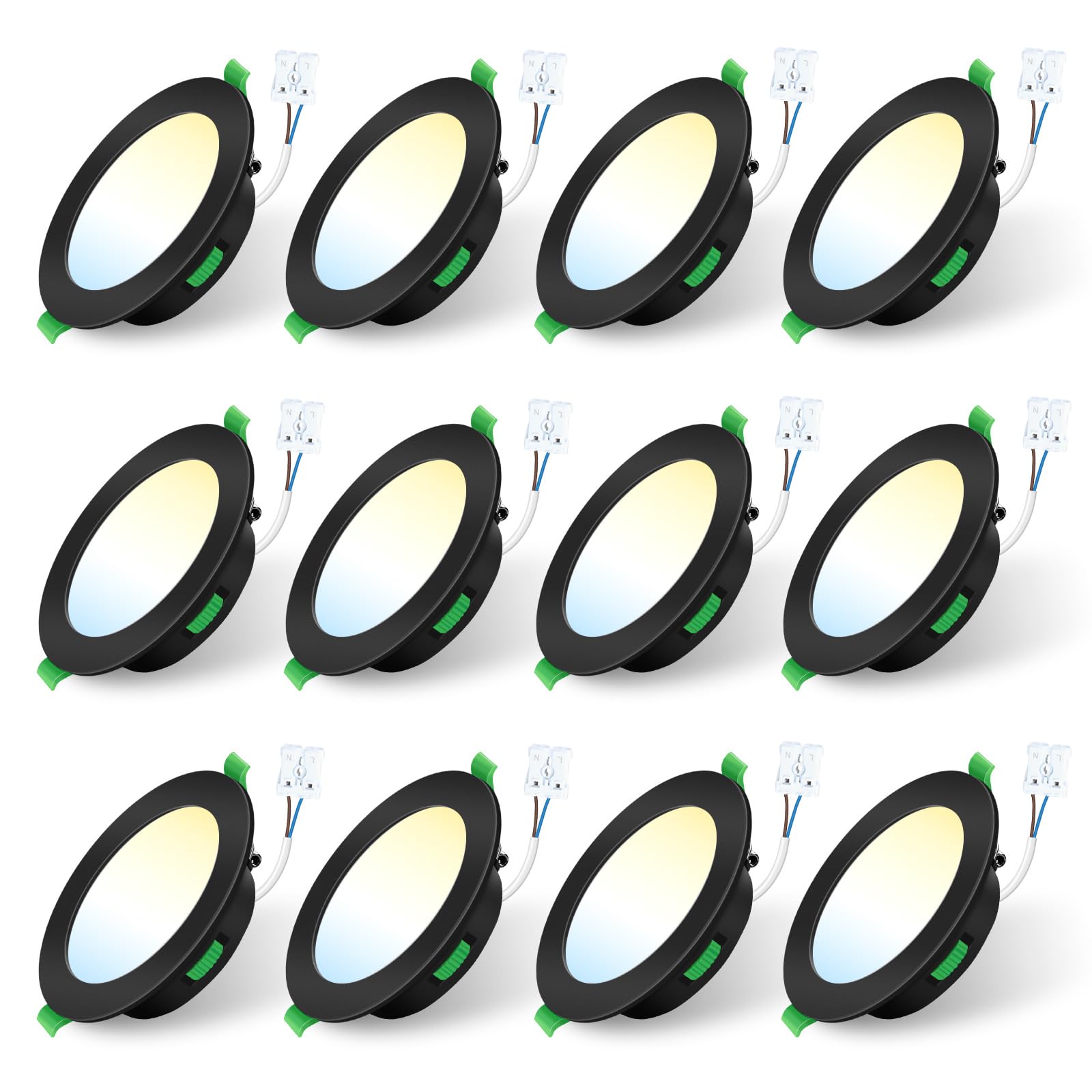 ALUSSO 12 Pack LED Recessed Ceiling Lights Dimmable,5W 400LM 75-85mm Cutout Led Spot AC 220-240V,3CCT 3000K 4000K 6500K Adjustable,IP44 Suitable for Bathroom Living Room Kitchen,Round,Black