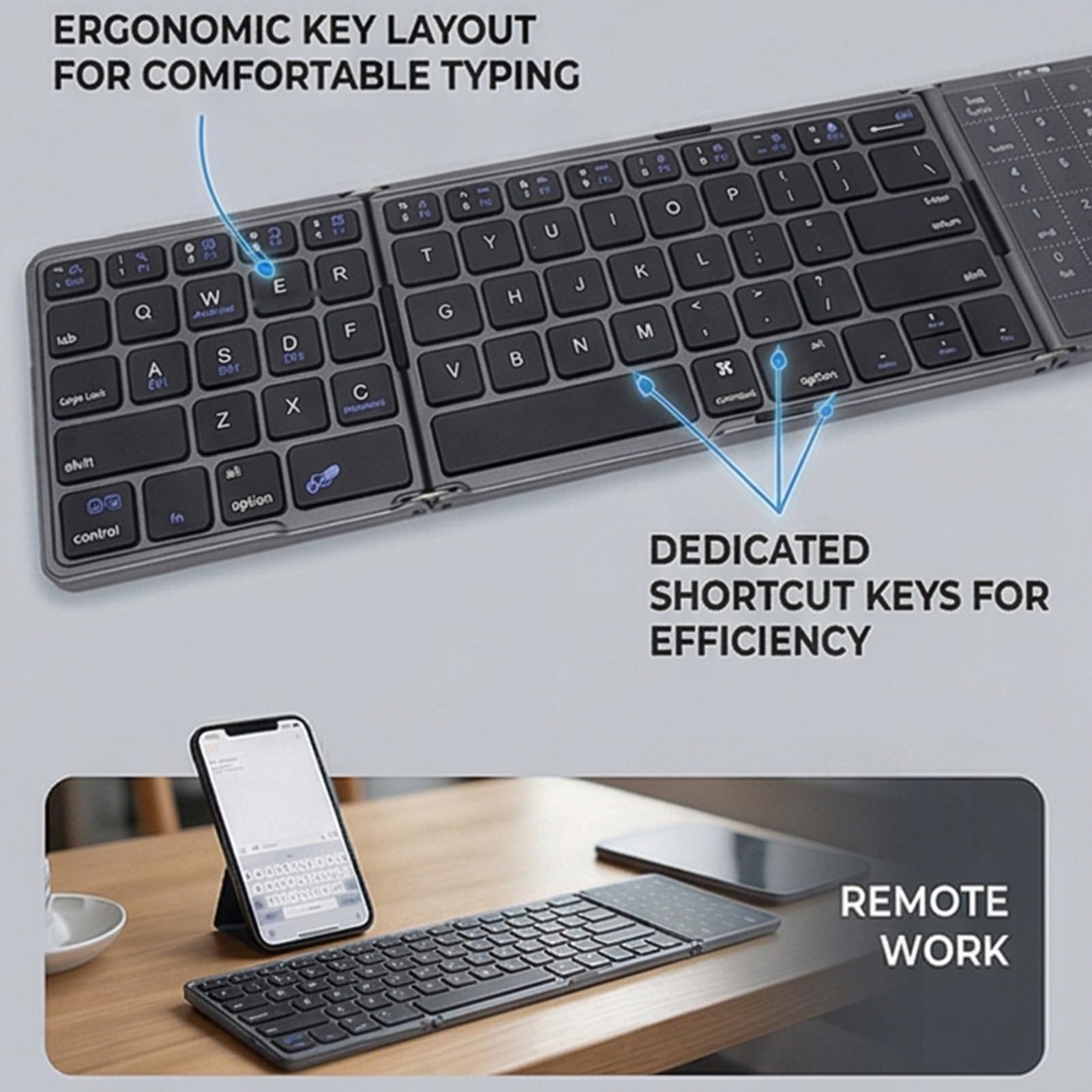 Tastiera Bluetooth Pieghevole con Touchpad, Tastiera Portatile Ultra Sottile Ricaricabile di Dimensioni Standard per Viaggi, Tastiere Wireless Pieghevoli per Smartphone