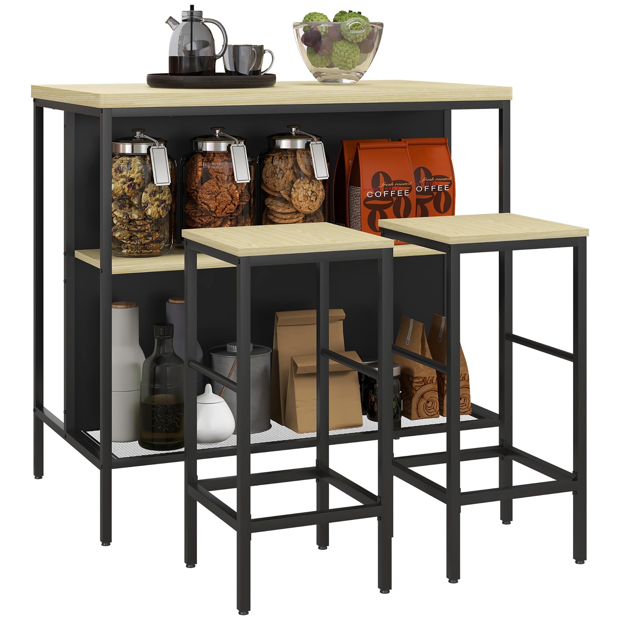 HOMCOM Bartisch mit Barhocker Set 3-TLG. mit 2 Hockern für Küche Eiche