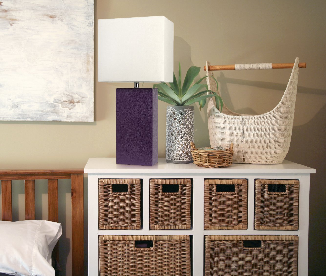 Elegant Designs LT1025-EGP Modern Leather Table Lamp with White Fabric Shade, Purple