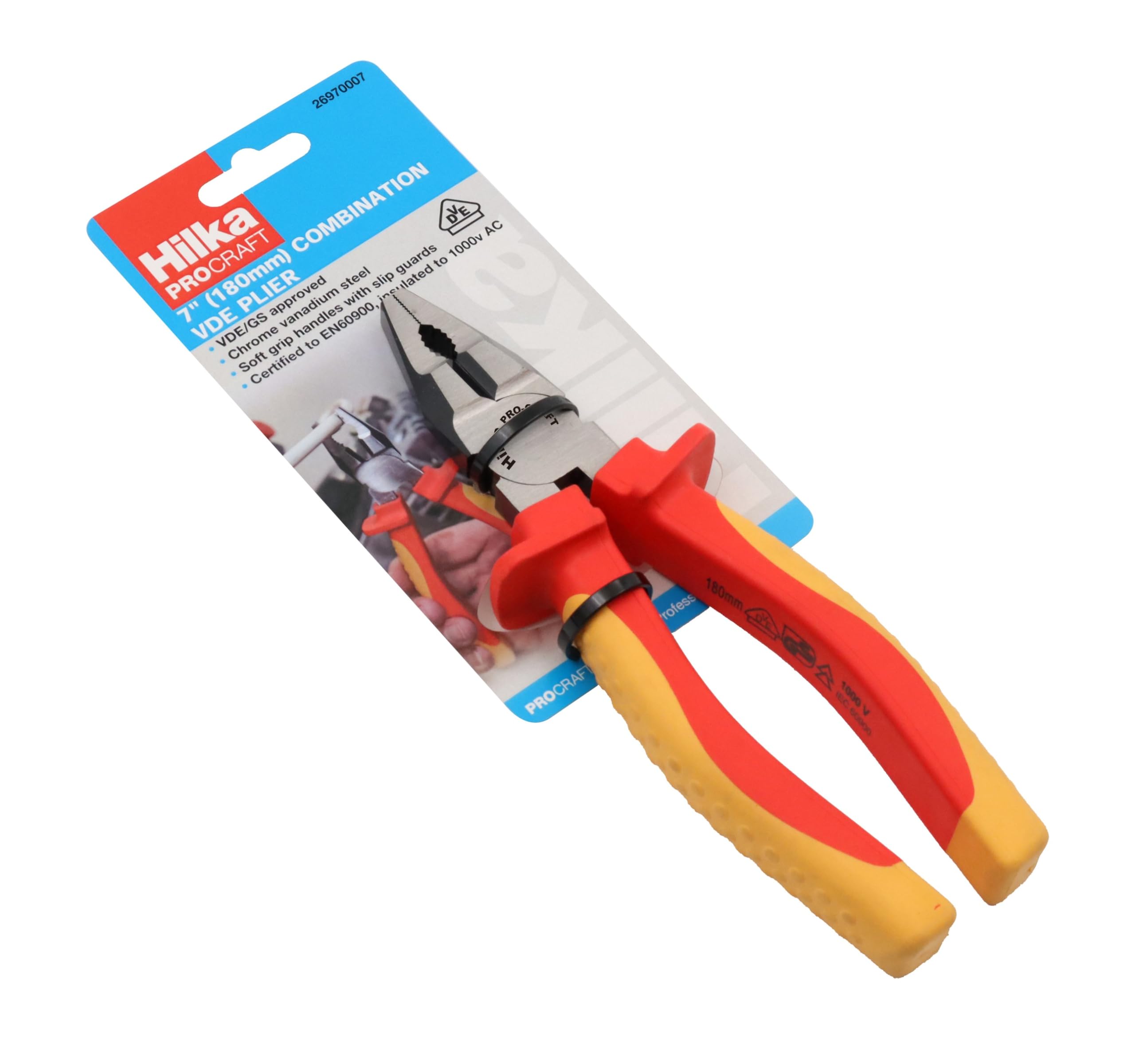 Hilka 26970007 7" (180mm) Combination VDE Pliers, Orange