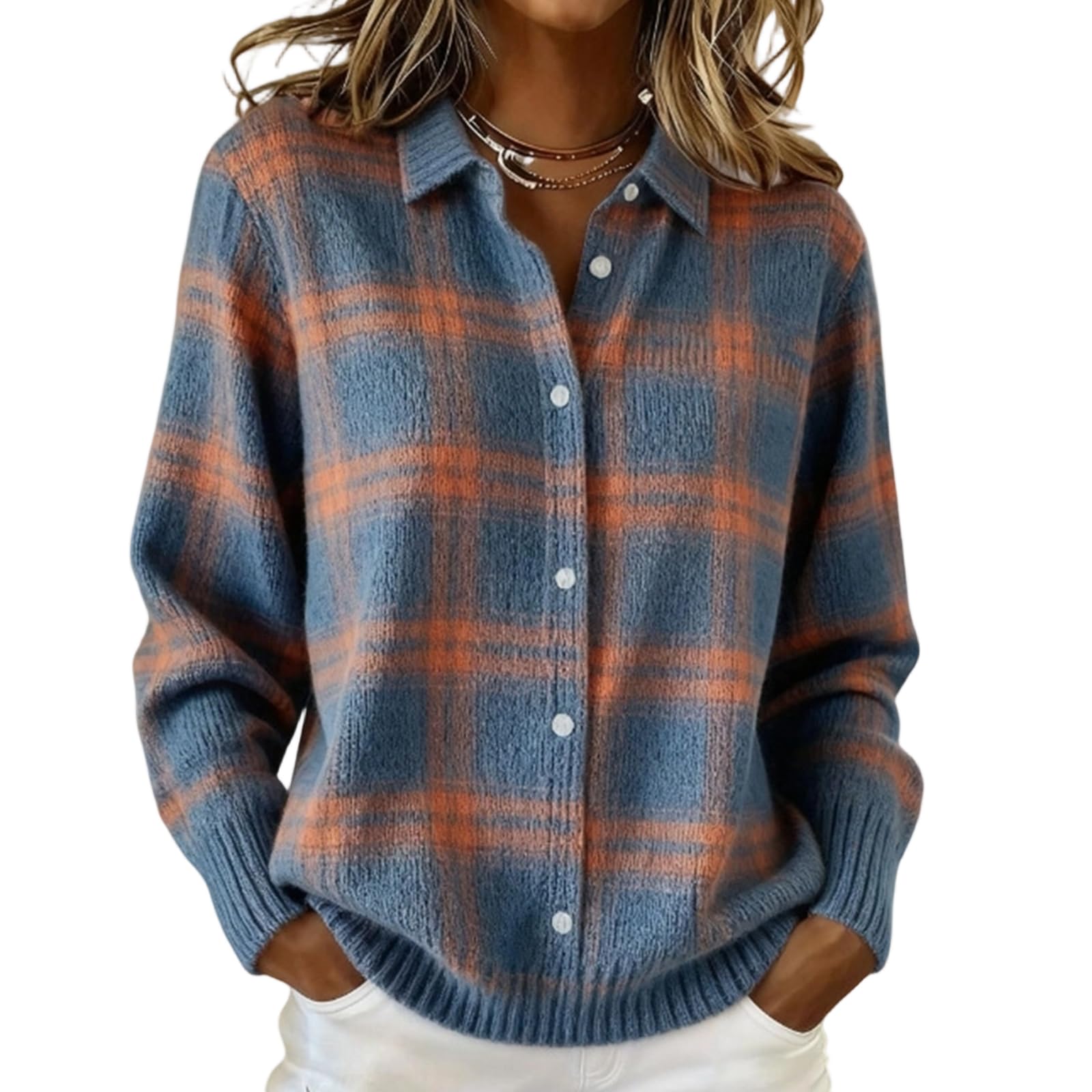 Womens Plaid Print Casual Cotton Buttoned Cardigan Sweater Cotton Buttoned Cardigan Sweater