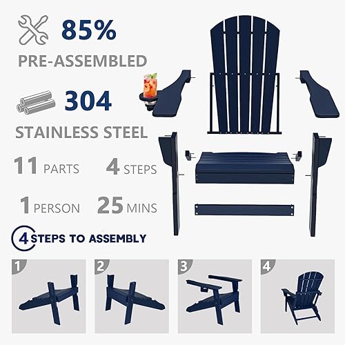 Miniatura 6 de Plawdlik Silla plegable Adirondack, probada por SGS, con textura de madera y portavasos, resistente a todo tipo de clima, de HDPE, cómoda, para