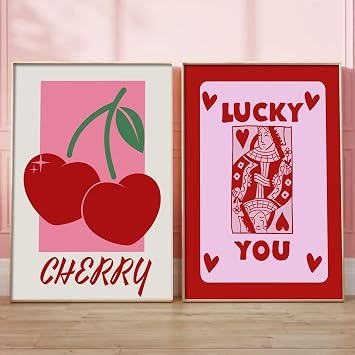 Pink Aesthetic Canvas Wall Art Queen of Heart Painting Red and Pink Poster Playing Cards Prints Cherry Fruit Canvas Art Lucky You Art Print Preppy Room Decor Girls Room Decor 16x24inchx2pcs No Frame