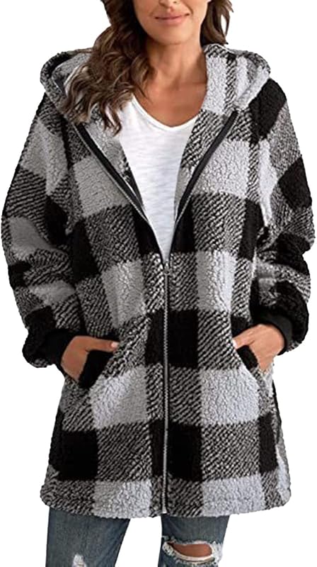 Shackets for Women 2024 Fall Flannel Zip Up Fuzzy Plaid Jacket Plus Size Casual Winter Fleece Long Hoodie with Pocket