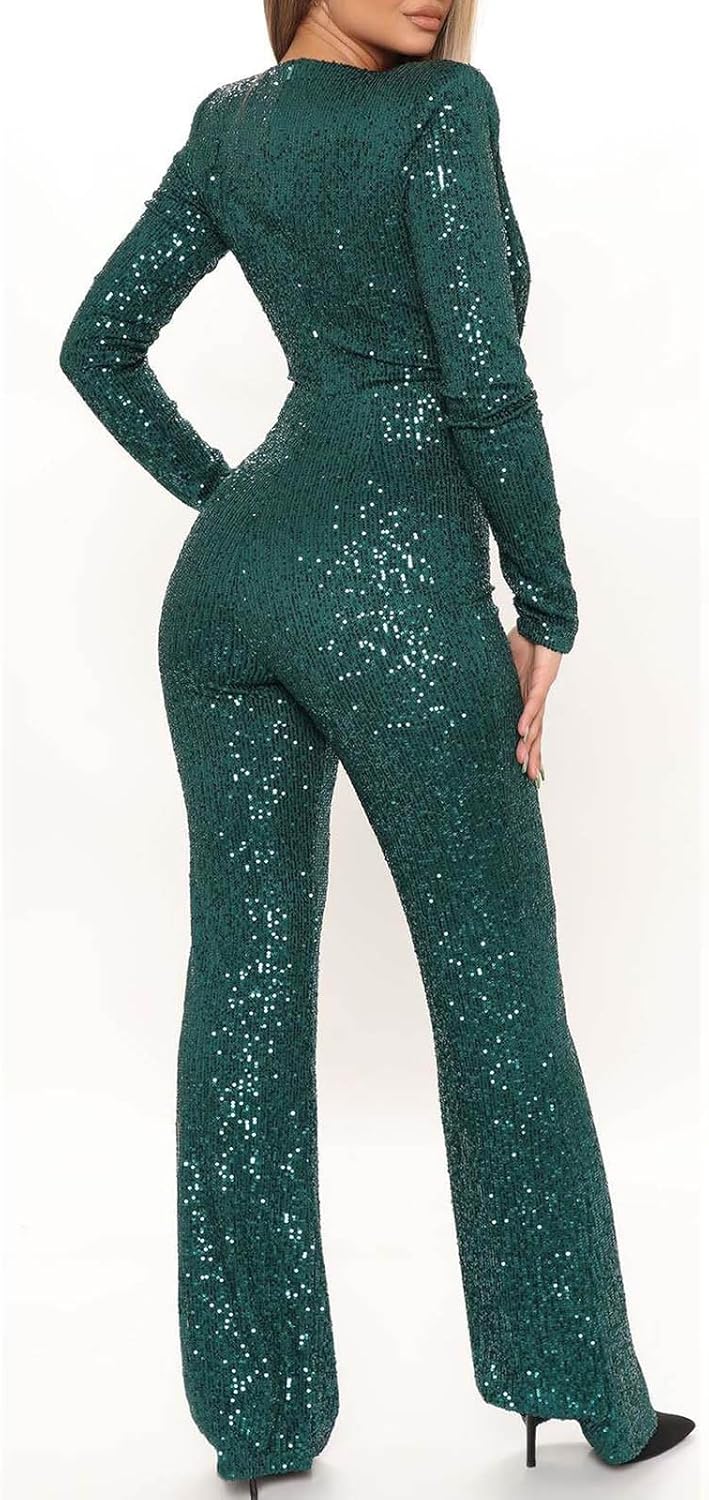 Womens 2024 Summer Sexy Deep V Neck Jumpsuits Long Sleeve One Piece Sequins Overalls Dressy Wide Leg Rompers - Image 3