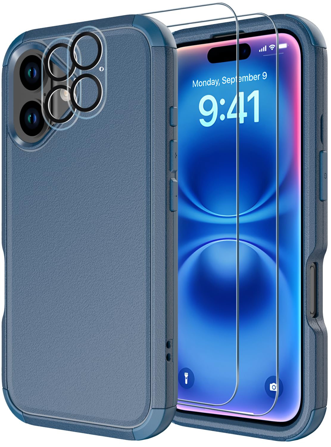Diverbox for iPhone 16 Case [Shockproof] [Dropproof] [Tempered Glass Screen Protector + Camera Protectors] Heavy Duty Protection Phone Case Cover for Apple iPhone 16 (Blue)