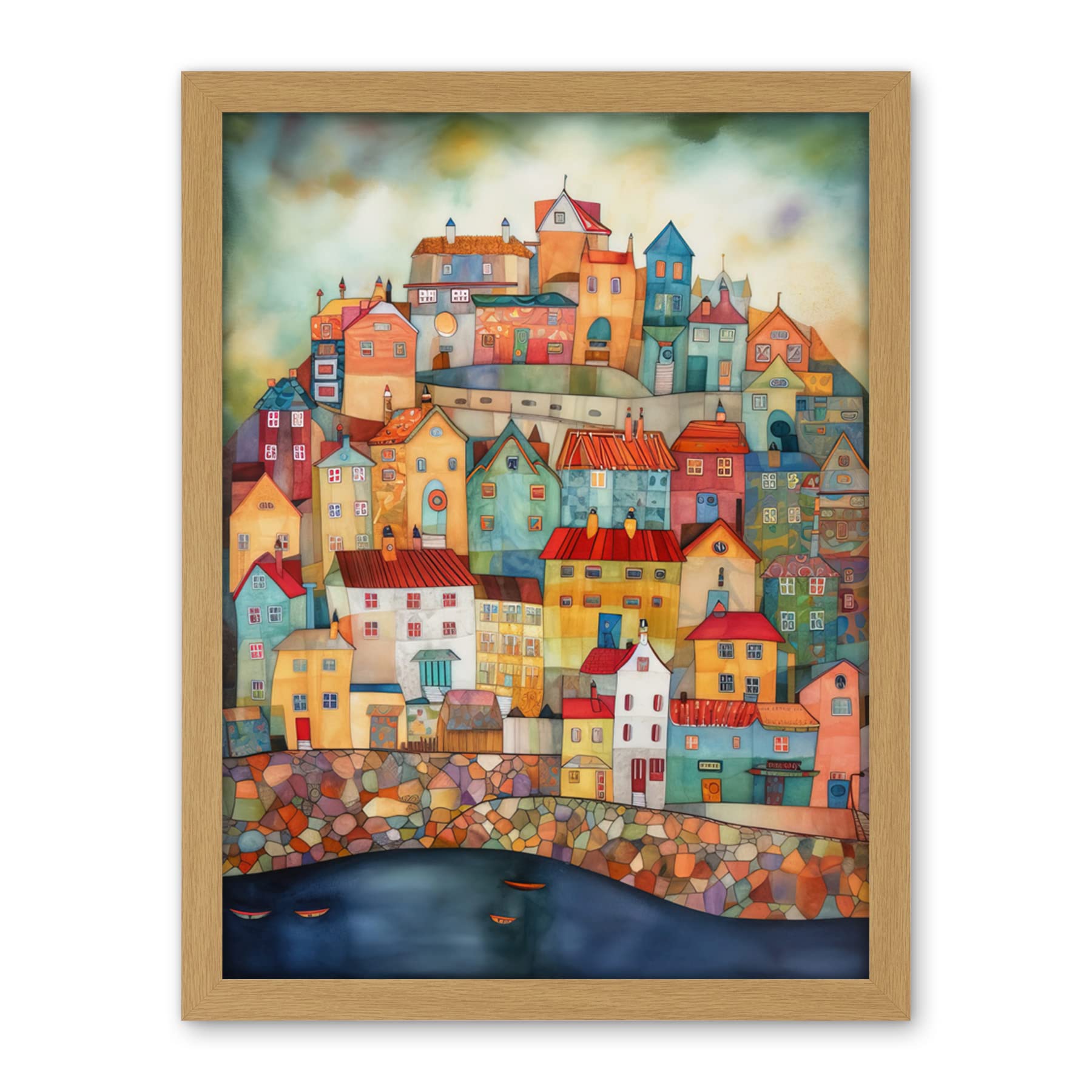 Artery8 Home By The Sea Folk Art Artwork Framed Wall Art Print 18X24 Inch