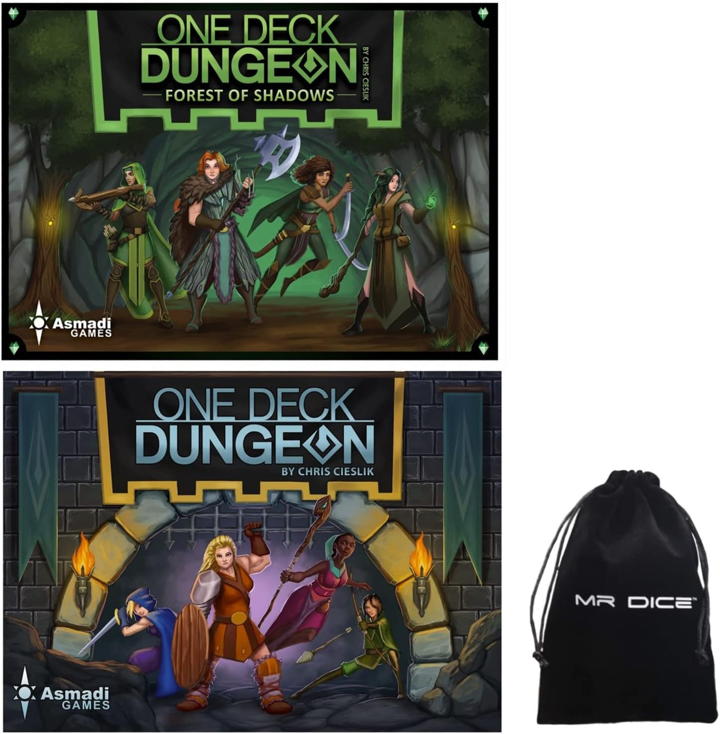 One Deck Dungeon: Forest of Shadows and One Deck Dungeon Board Game Bundle with Mr Dice Drawstring Bag - Total 3 Items