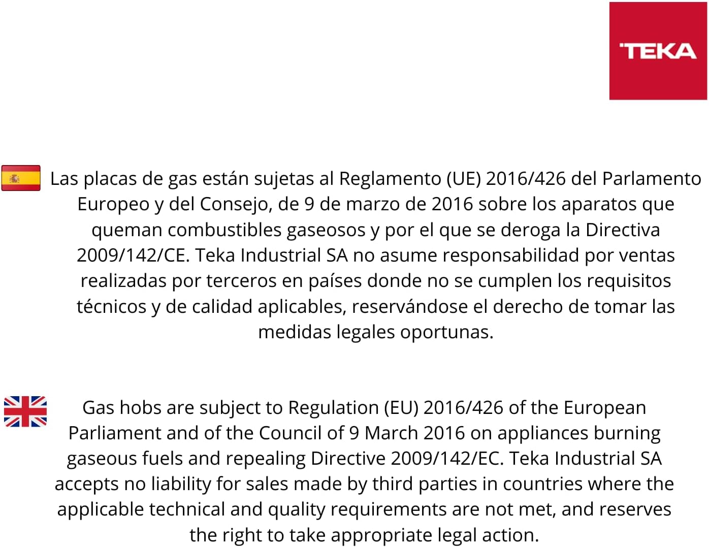 Regulatory compliance information for gas hobs, stating adherence to EU regulations.