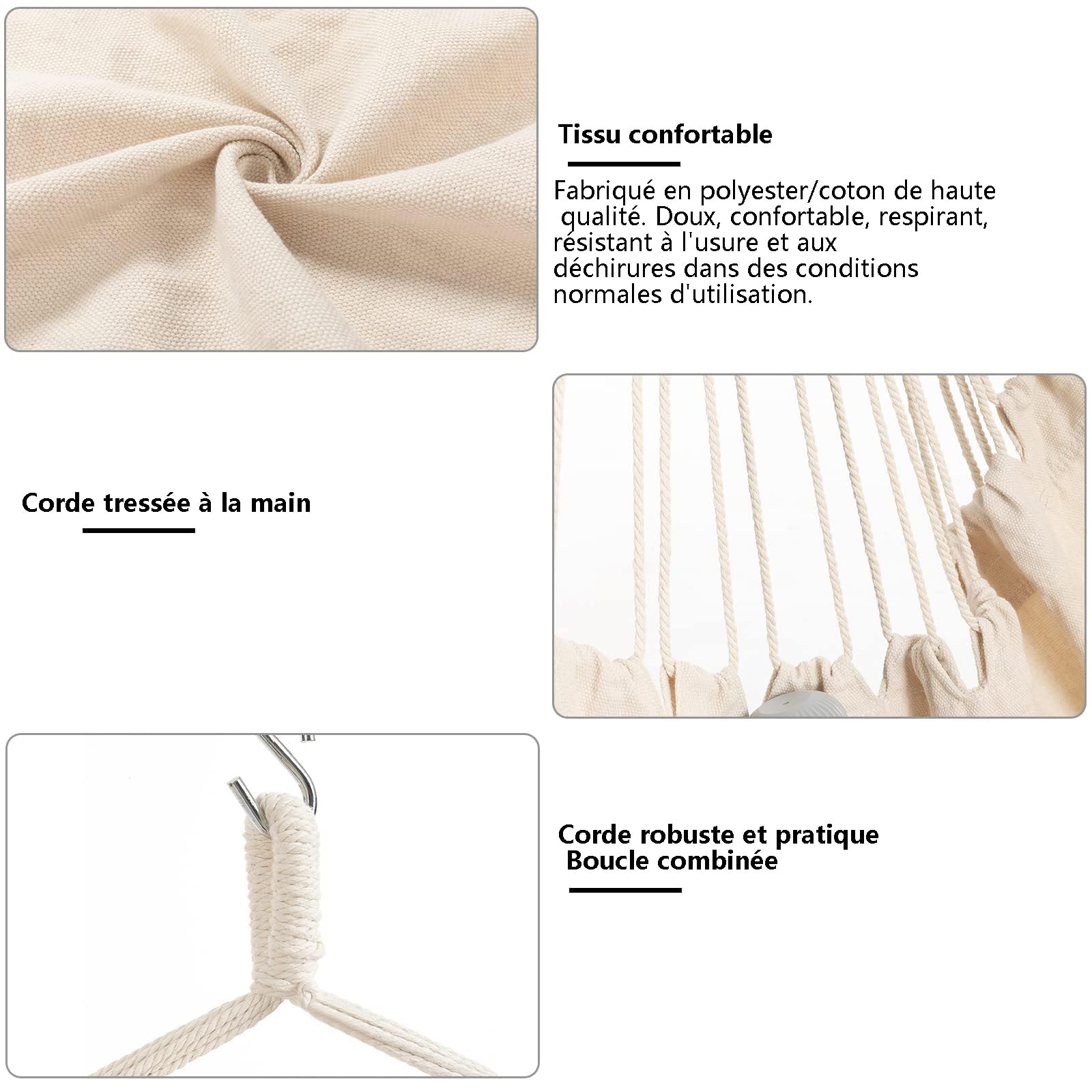 Chaise hamac, siège Suspendu avec 2 Coussins, Chaise Suspendue en macramé avec Poche latérale et Tige métallique à Haute capacité de Charge, pour l'intérieur et l'extérieur.