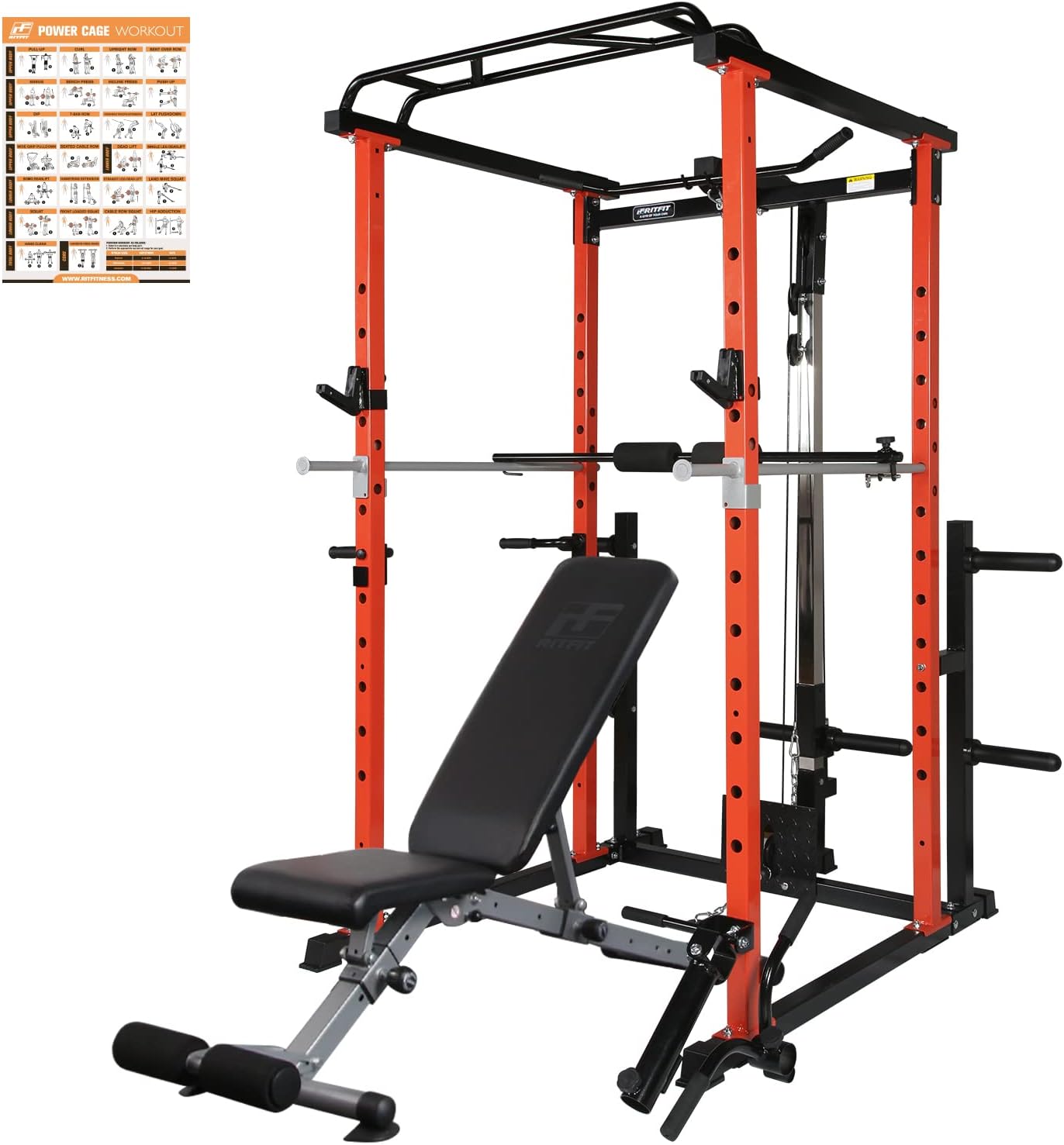 RitFit Power Cage and Weight Bench Package with LAT Pull Down and 360° Landmine, 1000LB Capacity Power Rack Full Home Gym for Weightlifting, Come with J-Cups,Dip Bars and Other Attachments (Orange) : Sports & Outdoors