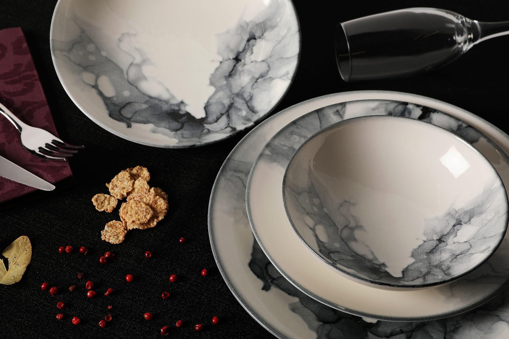 Elegant 24-Piece Dinner Set, 100% Porcelain | Includes Deep Plates, Cake Plates, Service Plates & Bowls | Microwave & Dishwasher Safe | Perfect for Any Occasion