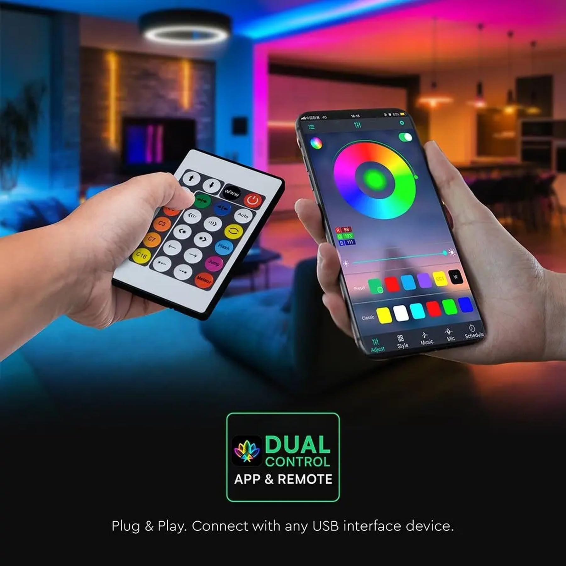 A2ZWORLD Neon Flex RGB Smart 5 metrów USB 5 V 3 W/m 30 LED/m z pilotem i aplikacją Bluetooth LotusLamp - wielokolorowe światło RGB do wnętrz