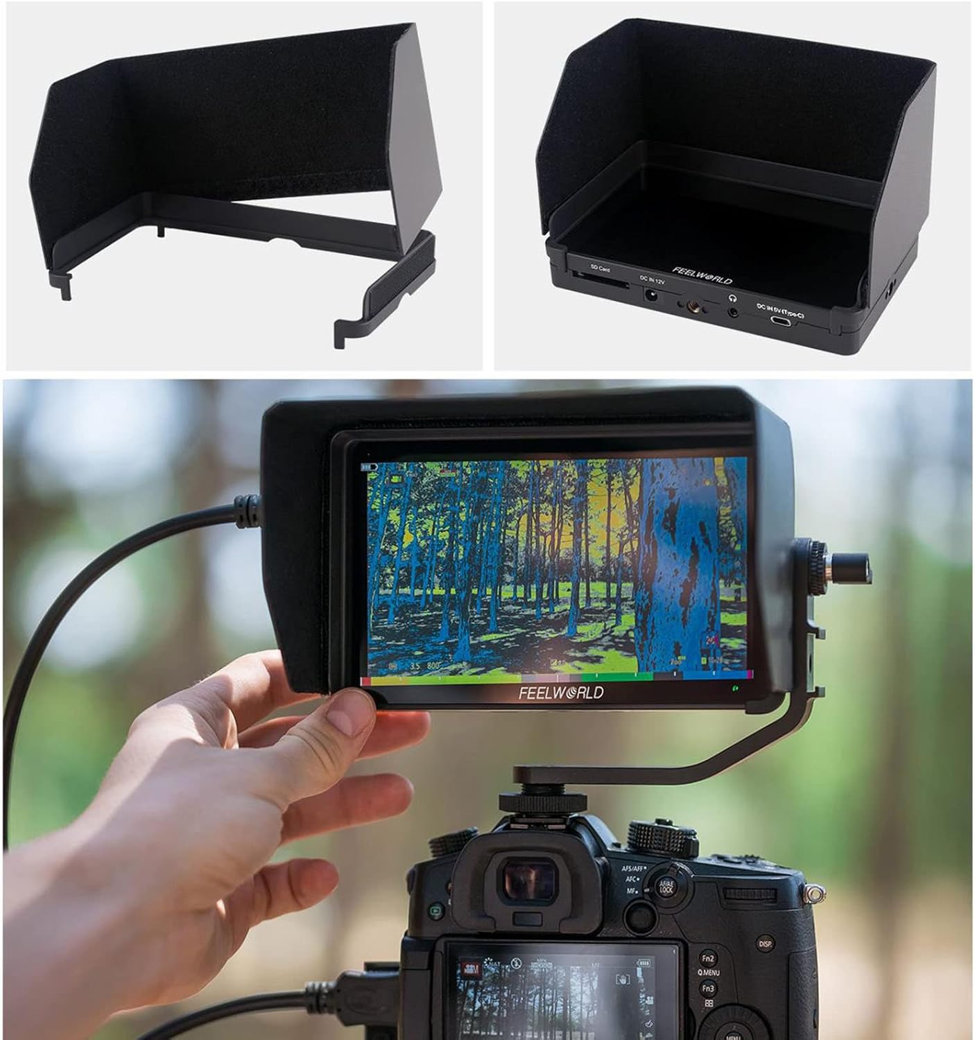FEELWORLD F6 Plus V2 monitor mounted on a camera with a sunshade, showing the tilt arm