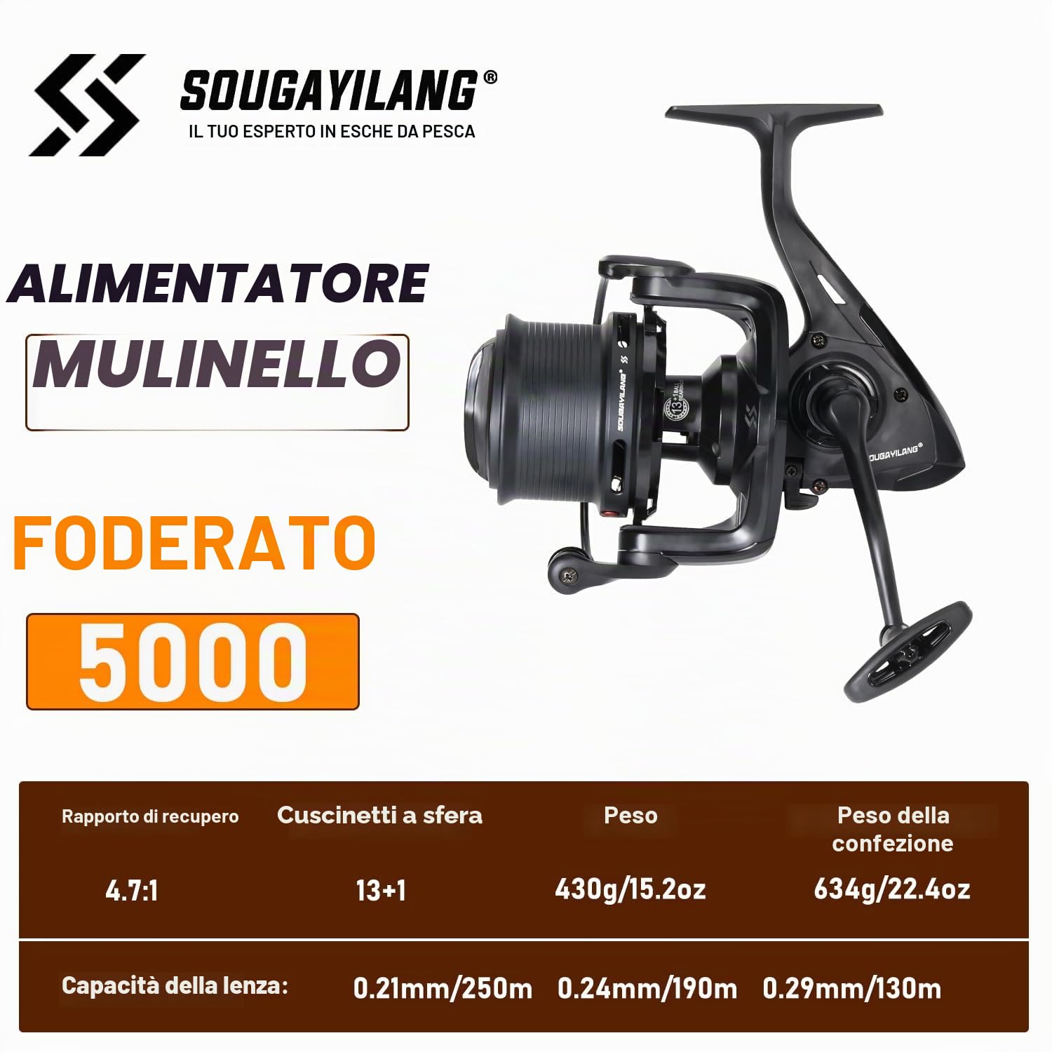 Sougayilang FED5000 Feeder - Mulinello da pesca con 13+1 cuscinetti a sfera, rapporto di trasmissione 4,7:1, sistema rotore bilanciato e anti torsione, bobina in alluminio con bobina di ricambio e