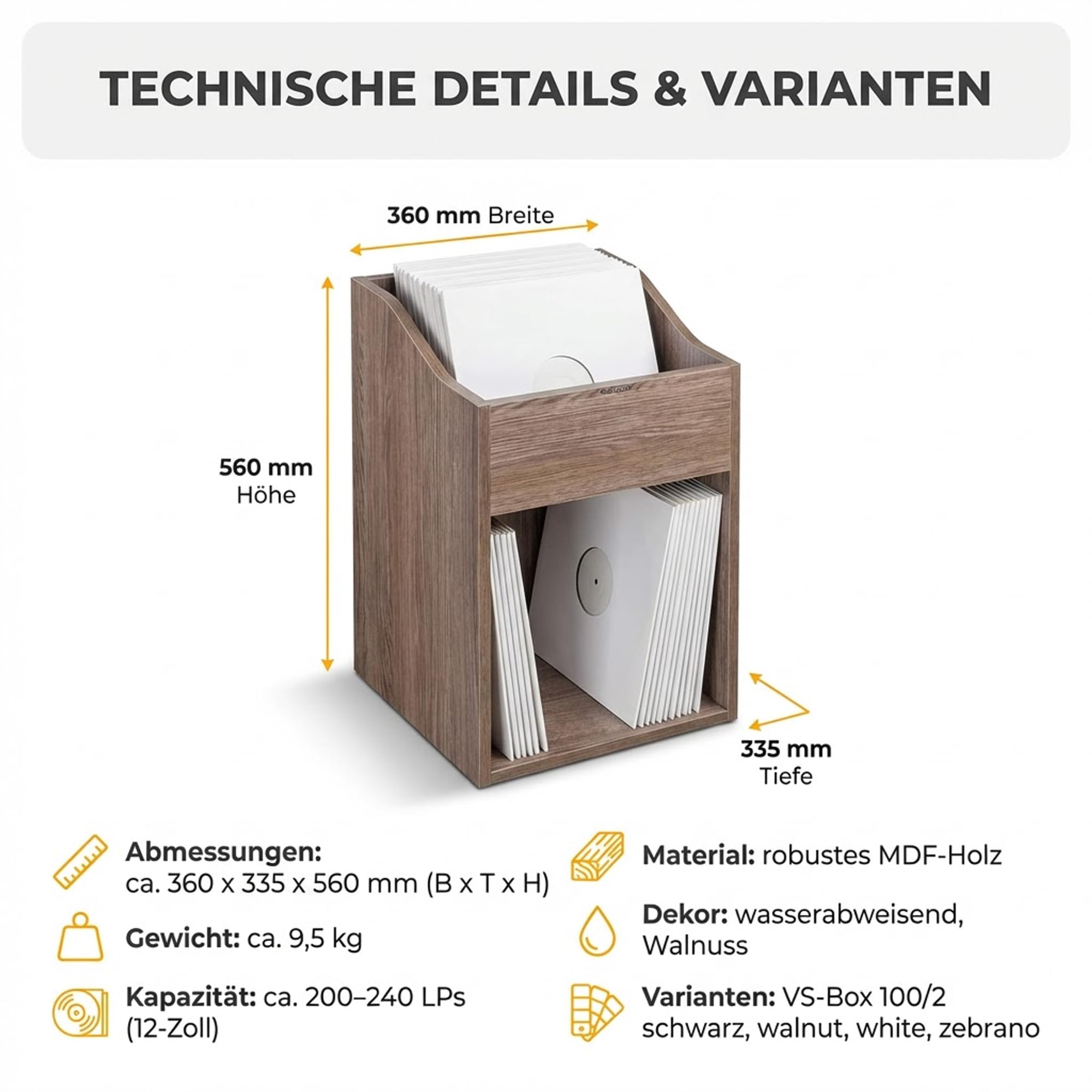 Zomo VS-Box 100/2 Vinyl Aufbewahrungsbox - 360 x 335 x 560 mm - Walnuss - MDF Holz - Regal für Schallplatten 200 bis 240 LPs