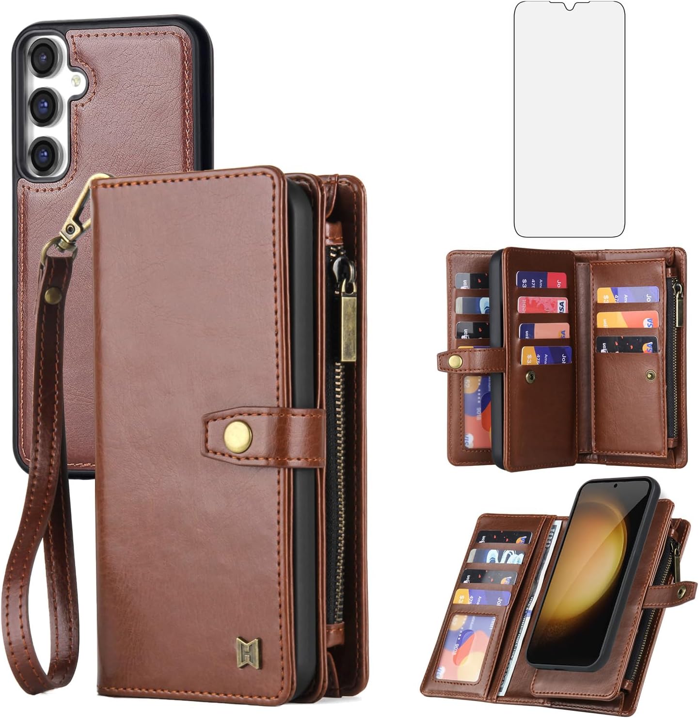 Asuwish Phone Case for Samsung Galaxy S24 Plus S24+ 5G Zipper Wallet Detachable Cover with Screen Protector and Card Holder Slot Cell Accessories Flip Protective S24plus 24S + S 24 24+ Women Men Brown