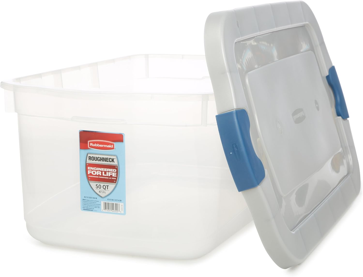 Rubbermaid Roughneck Clear Storage Container, 50 qt., Clear Base, Grey and Blue Lid, Pack of 5 (1785784)