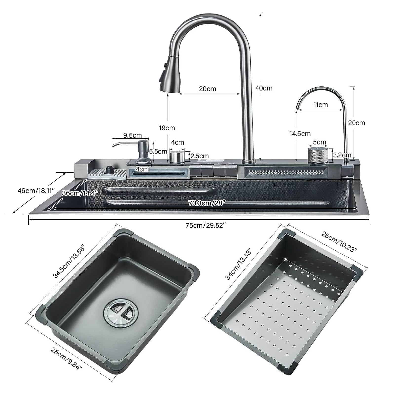 Noir Évier de Cuisine en Acier Inoxydable 304 avec Robinet Extractible Grand Évier Simple Affichage Numérique Intégré Lave-tasses Distributeur de Savon Robinetterie (75 * 45 * 21 cm)