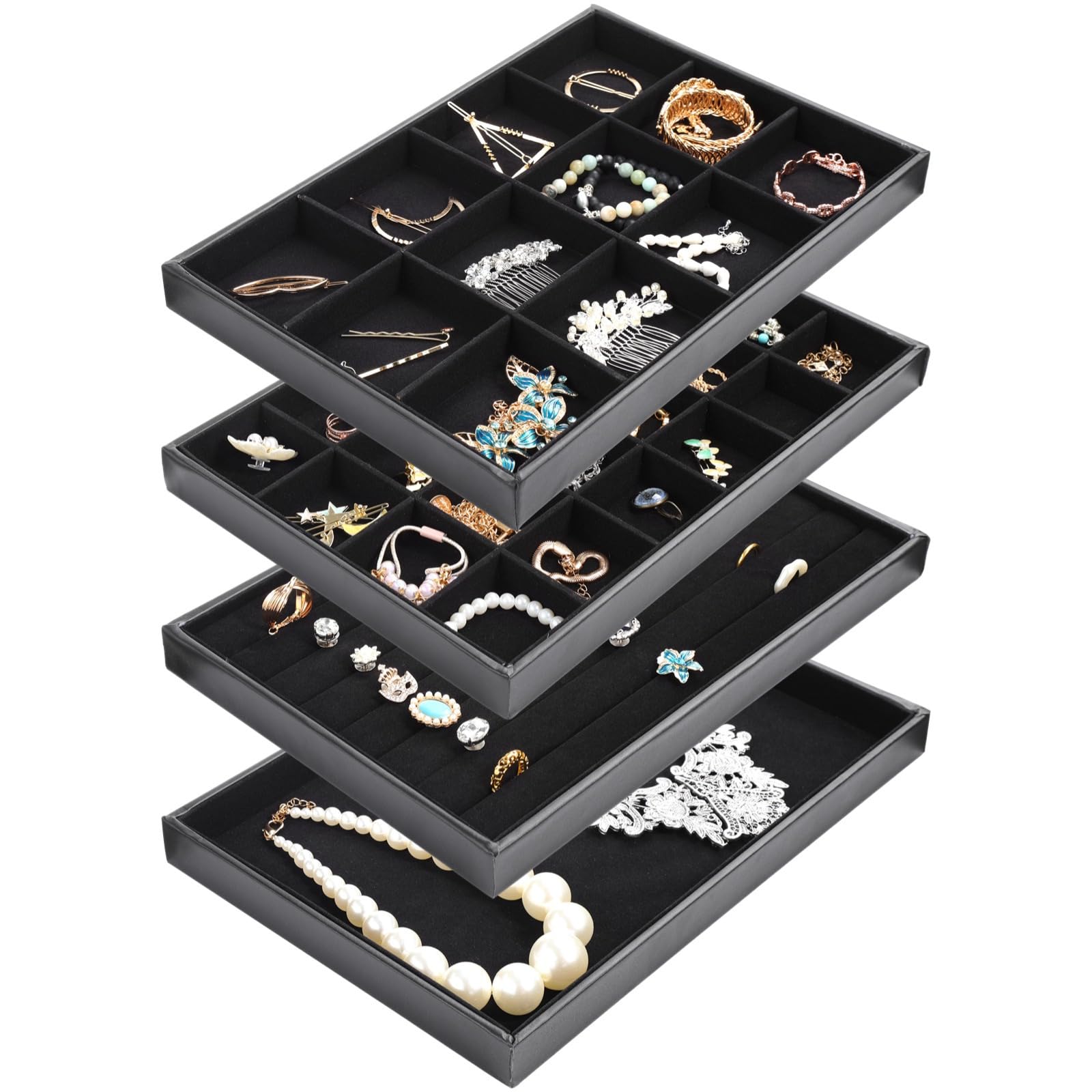 Bandejas organizadoras de joyas, juego de 4 piezas, diseño apilable con 12 y 24 compartimentos, para collares, aretes y anillos, 13.8 x 9.4 x 1.2 pulgadas