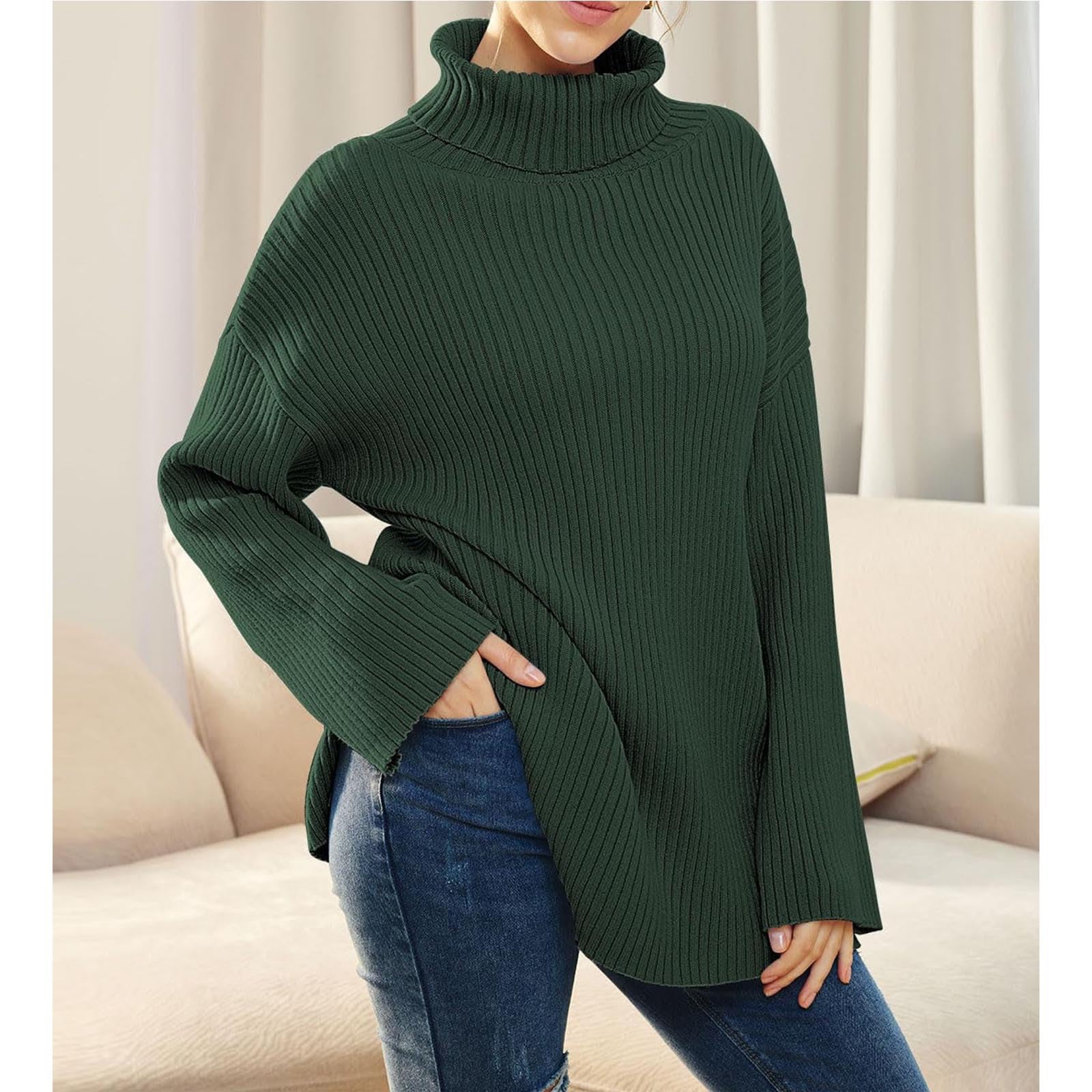 Greabuy Maglione a collo alto oversize alla moda da donna maglione a costine felpa per donna maglione casual camicie da donna maglioni da donna felpe leggere in maglia, Verde militare, M