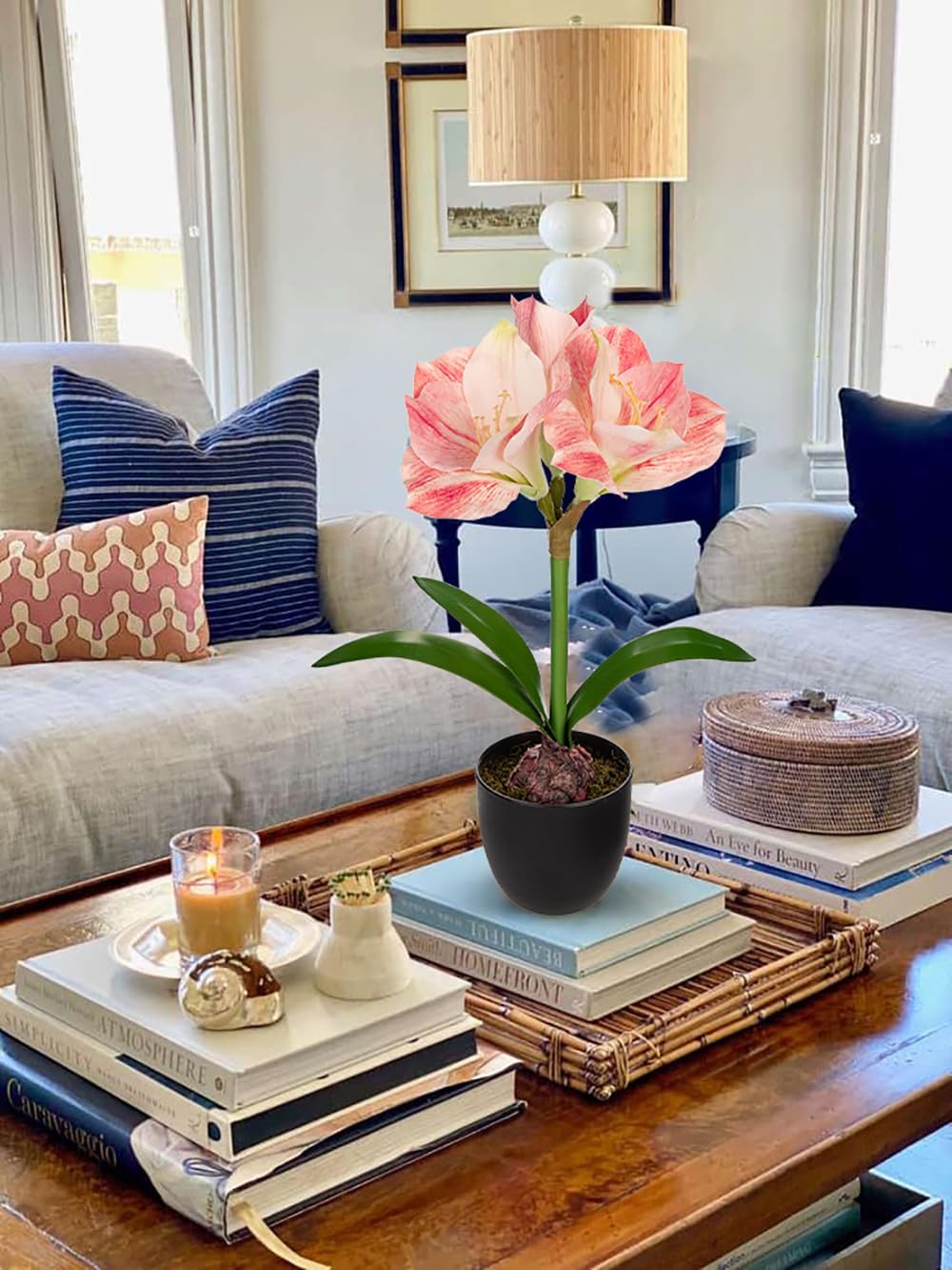 Briful Amaryllis Fake Flowers 17.3'' Tall Silk Amaryllis Plant in Black Pot Artificial Floral Arrangement with Decorative Bulb for Home Office Bathroom Kitchen Table Holiday Décor(Pink) - Image 6