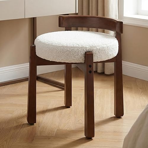 Miniatura 10 de DUOMAY Moderno tocador de maquillaje de chenilla, otomano tapizado con respaldo bajo con patas de madera maciza, lindo reposapiés redondo, taburete