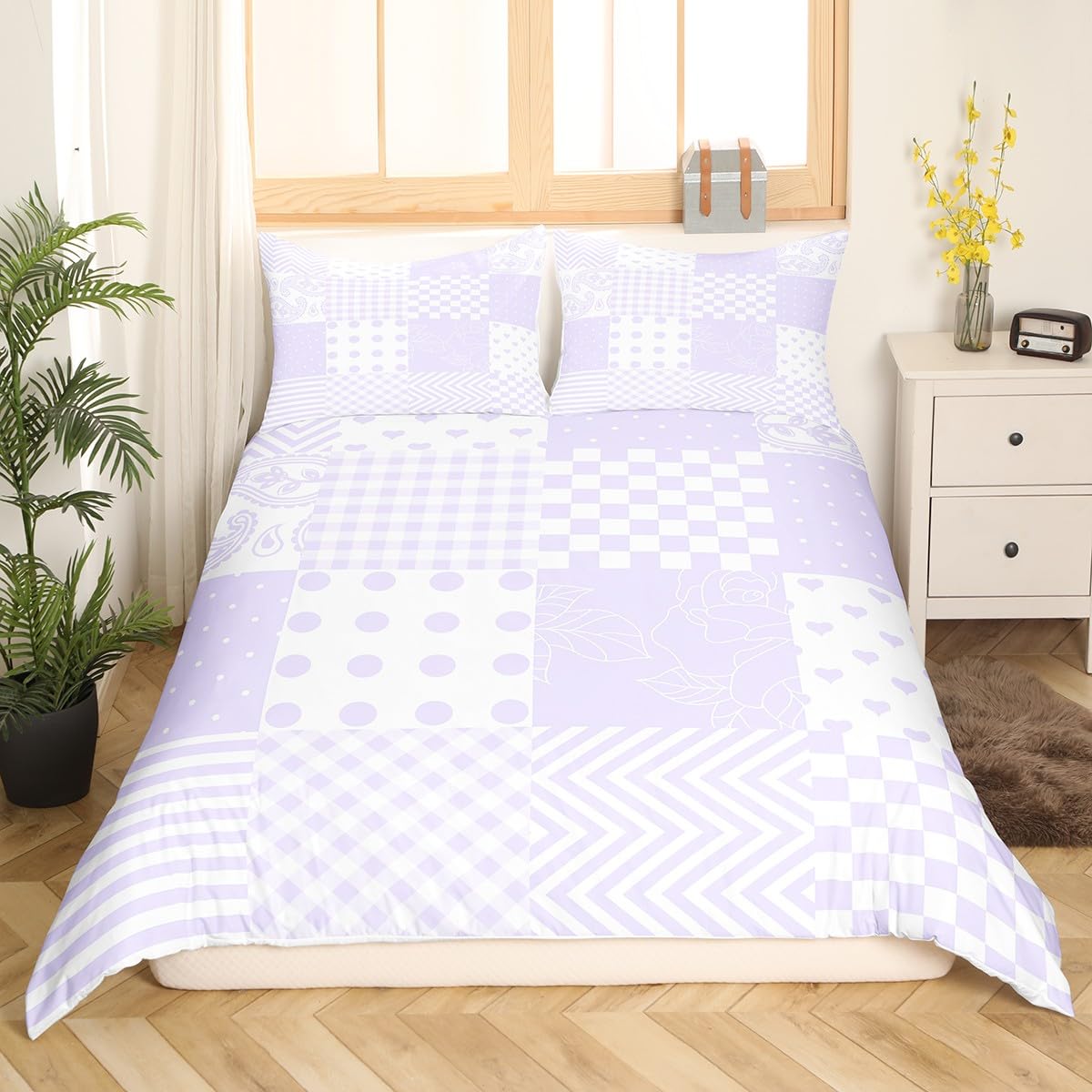 Manfei Purple Plaid Duvet Cover Set Single Size, Paisley Floral Hearts Print Comforter Cover with 1 Pillowcase - Image 3