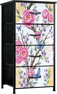 Dresser for Bedroom Elegant Japanese Cherry Blossoms Peony Petal Bud Butterfly Kimono Small Tall Clothes Dresser for Closet Organizers with 4 Chest of Drawers Fabric Storage Bins Dressers