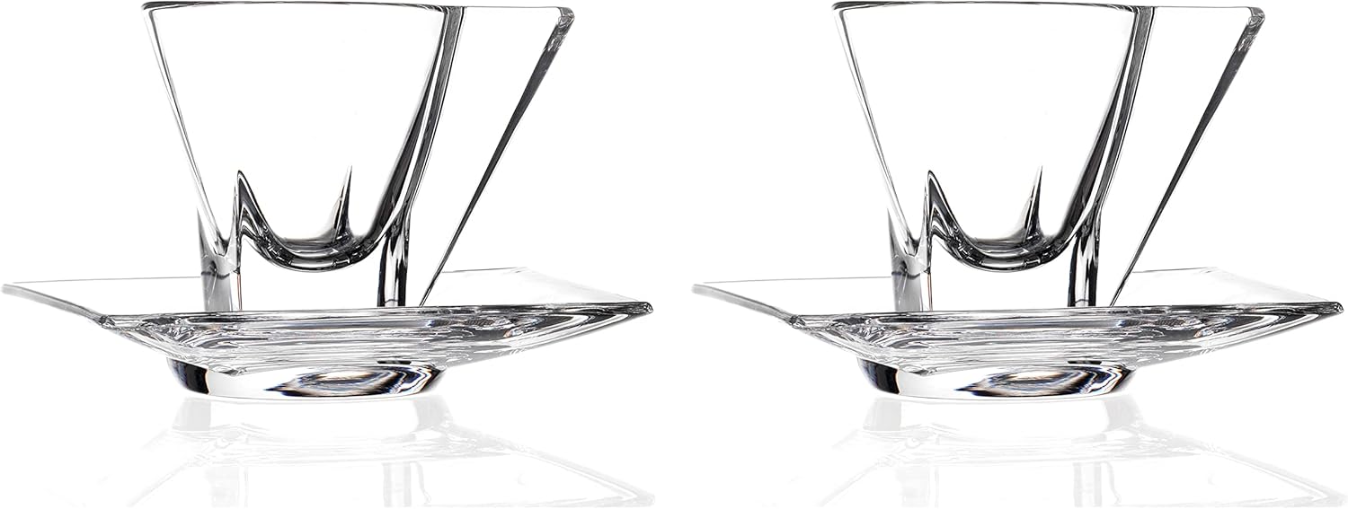 Barski Glass Espresso Cups With Saucers - - Mug - With Saucer - 2.3 oz. - Set of 2 - (Each set has a saucer and a cup) - for Cappuccino, Coffee, Latte, Tea - Made in Europe