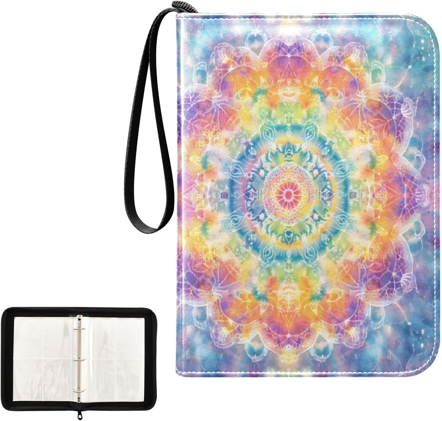 Colorful Tie Dye Mandala Floral Card Binder 4 Pocket Collectible Trading Card Sports Albums Holder 400 Game Cards 50 Removable Sleeves PU Zip Card Folder