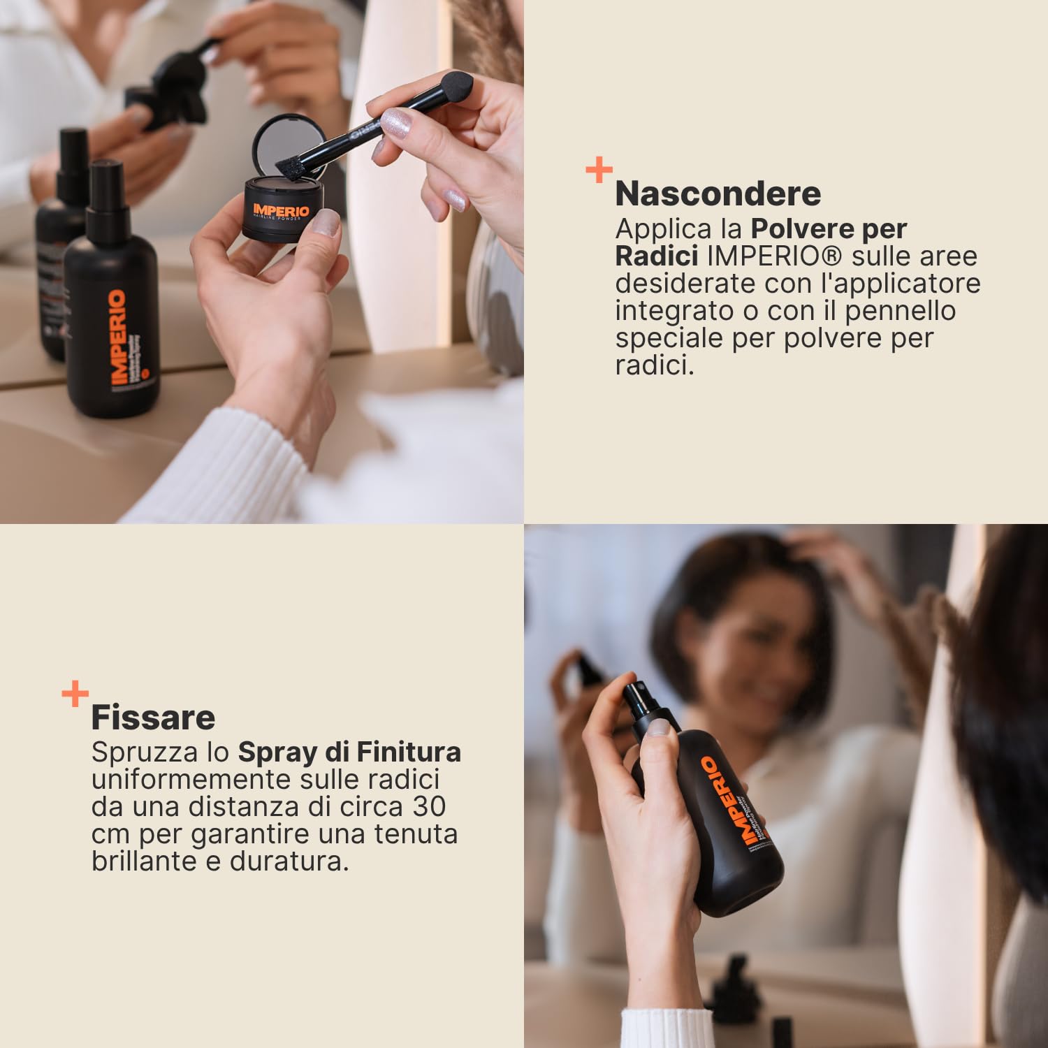 IMPERIO Spray di Finitura di Polvere per Radici - Spray Premium con Effetto Anti-crespo per una Finitura Setosa - Rifinitura Colore e Sigillatura Della Polvere per ritocco ricresita capelli - 250ml