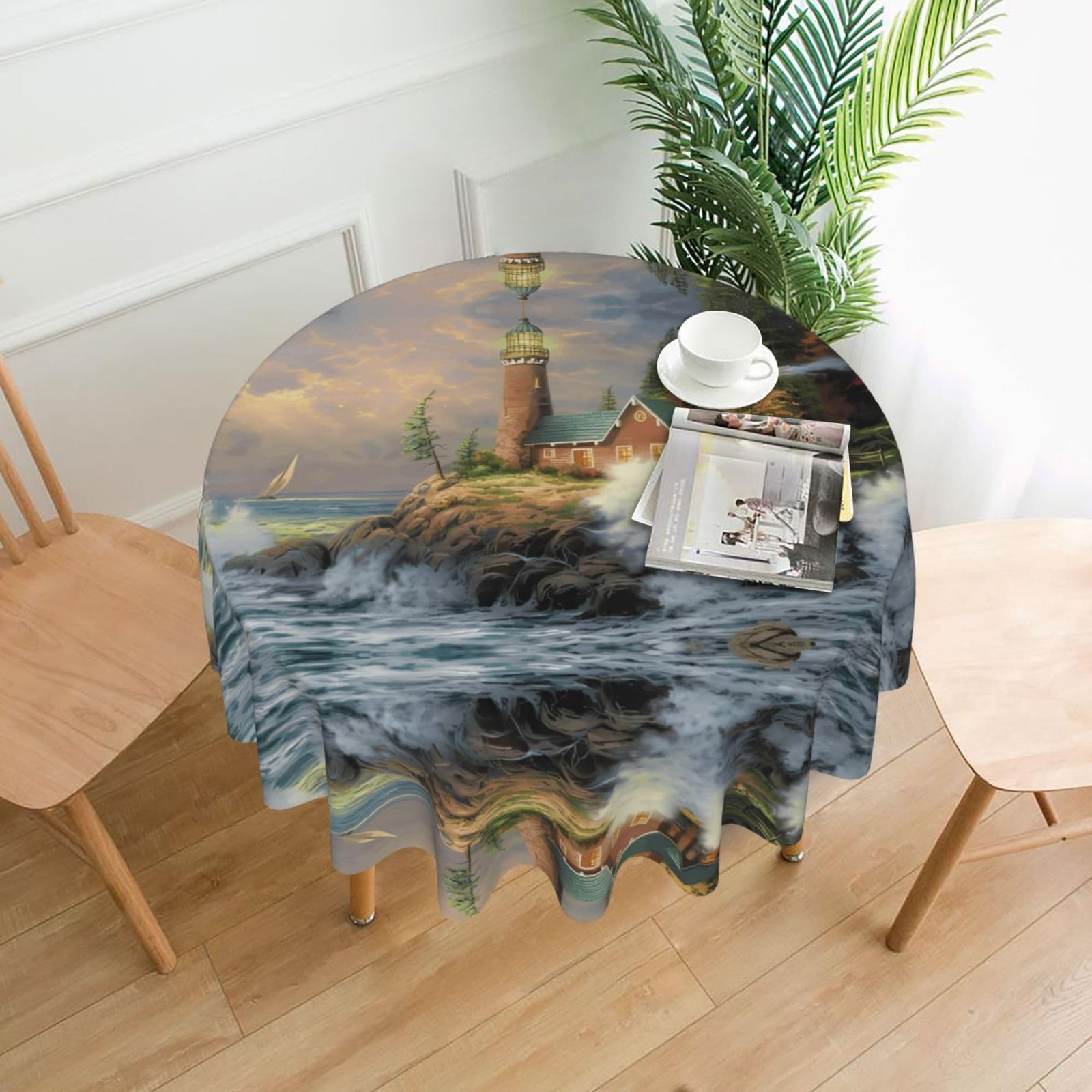 MROWYC Coast Wave and Lighthouse Printed Practical Round Tablecloth, Durable, Suitable for Home, Restaurant, Hotel, Gathering, and Decorative Table Covers