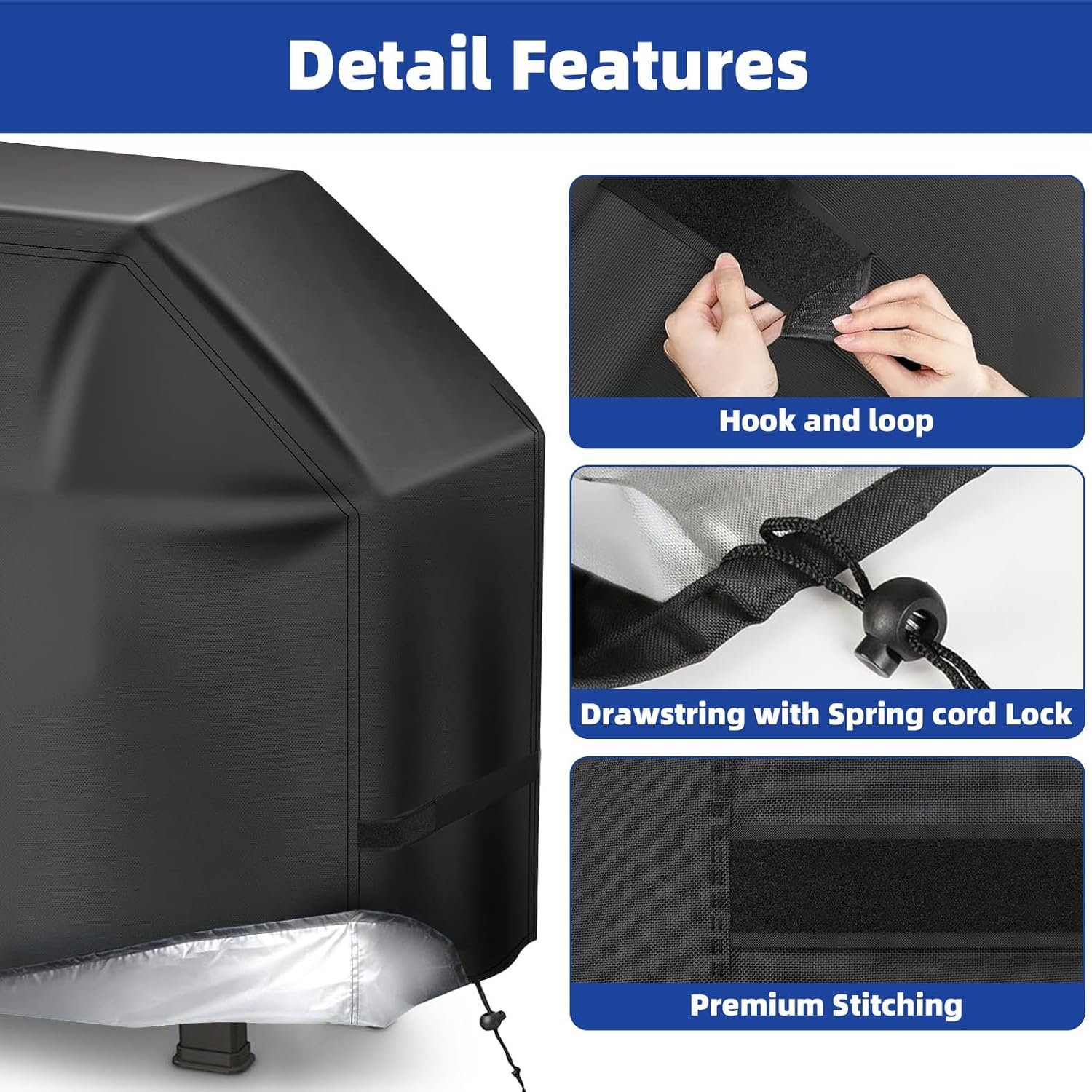 BBQ Gas Grill Cover for Outdoor, Anti-UV, Rip-Proof, 600D Oxford Fade Resistant Material, Barbecue Cover with Hook and Loop Straps & Adjustable Hem Drawstring-10 Size Options(72”x26”x51) - Image 4