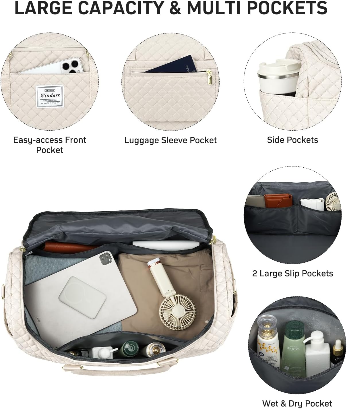 Travel Duffle Bag, Weekender Bags for Women with Shoe Compartment, Overnight Bag with Toiletry Bag, Carry On Duffel Bags For Airplanes, Yoga Gym Duffel Bag, Beige - Image 2