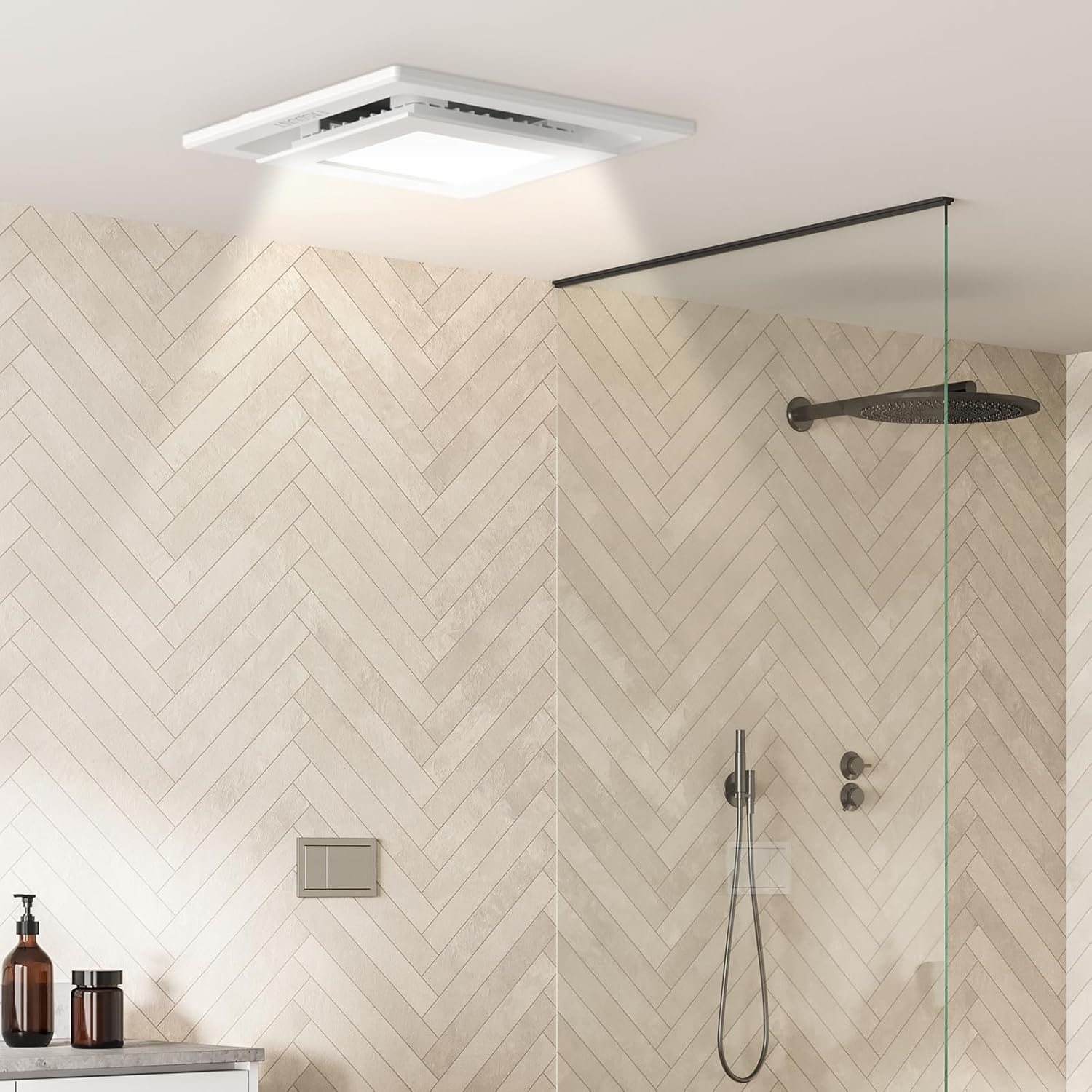 FASDUNT Bathroom Exhaust Fan with LED light installed in a modern shower room ceiling