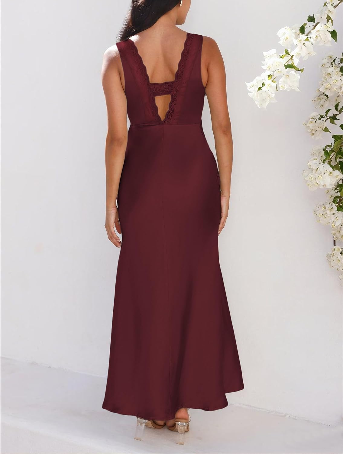 BAGONE Summer Satin Lace V Neck Backless Wedding Guest Maxi Dresses for Women Elegant Sleeveless Open Back Cocktail Dress - Image 3
