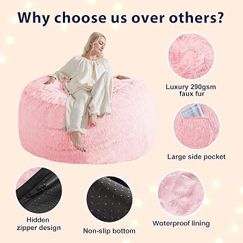 Fluffy Bean Bag for Stuffed Animals Storage, Faux Fur Washable Bean Bag Chair Cover(No Filler) for Textile Plush Toys, Beanbag Chair Cover for Adults Kids Teens, 5FT, Pink