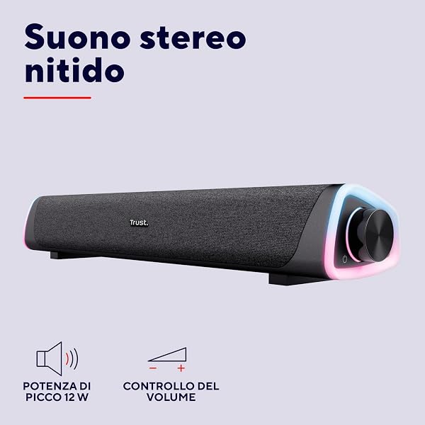 Trust Liro Soundbar PC 12 W, Stereo Speaker with RGB LED Lighting, Sound Bar Jack AUX 3.5 mm, PC Speakers with USB Powered, Speakers for PC Laptop Desktop Tablet Smartphone TV, Black - 3