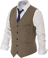 PJ PAUL JONES Men's Herringbone Tweed Suit Vest - Wool Blend Casual Formal Waistcoat V-Neck Adjustable Fit