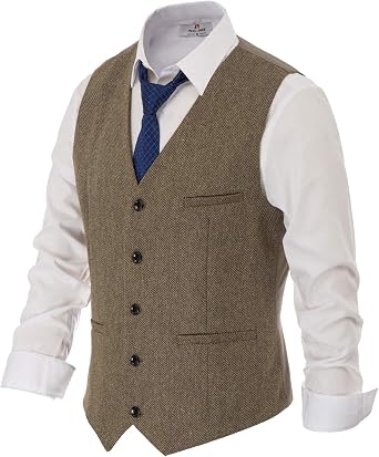 PJ PAUL JONES Mens Herringbone Tweed Suit Vest Casual Wool Blend Waistcoat